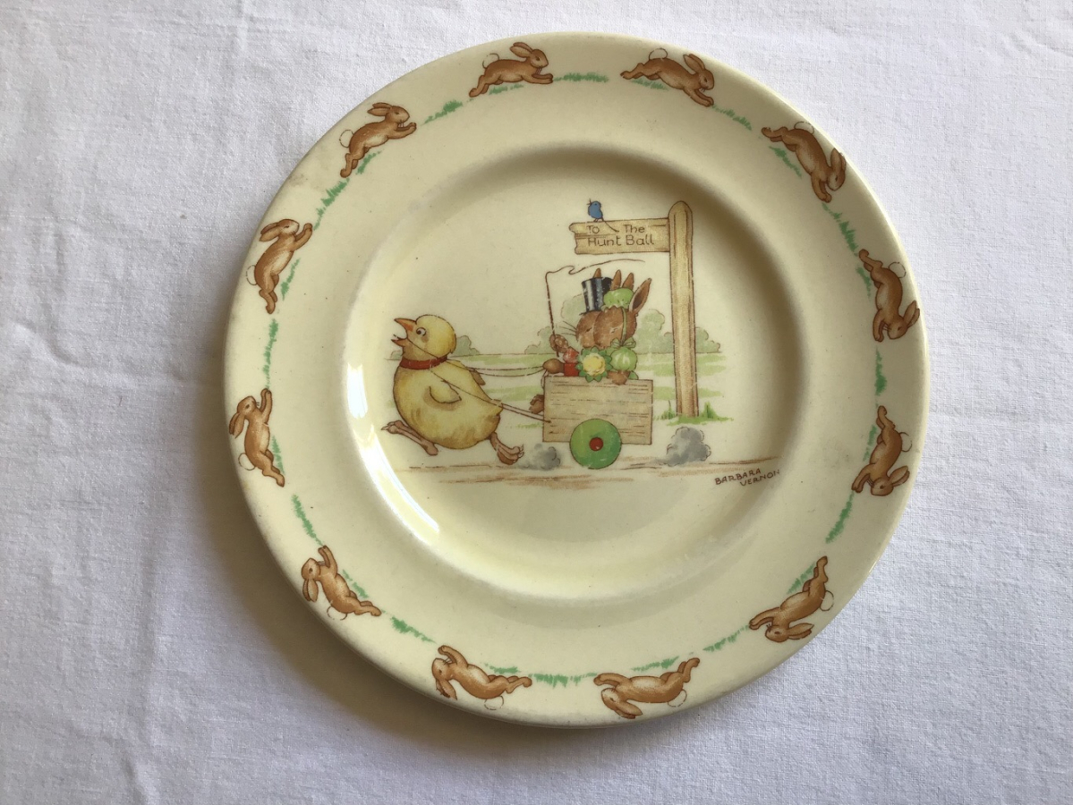 Royal Doulton Bunnykins signed small plate Chicken Pulling Cart.